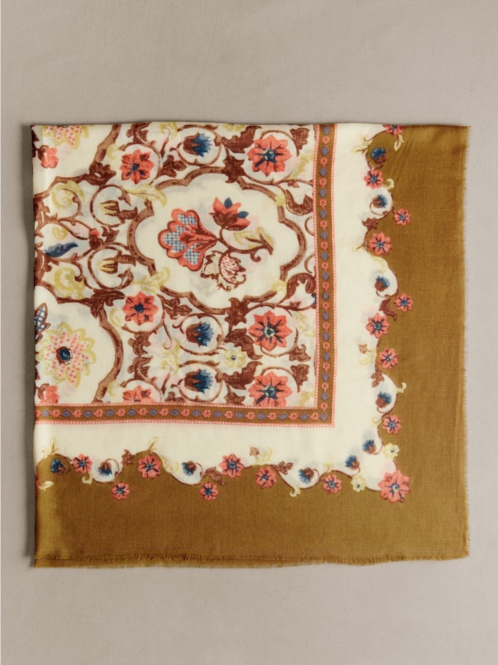 Sezane Elegant Floral Print Wool Pio Scarf in Olive and Cream - Picture 3 of 9